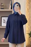 Kadın Lacivert Çilek Kumaş Trend Tesettür Tunik Düğmeli 78 CM Oversize Dökümlü Rahat Gömlek Tunik
