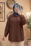 Kadın Kahve Çilek Kumaş Trend Tesettür Tunik Düğmeli 78 CM Oversize Dökümlü Rahat Gömlek Tunik