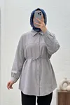 Kadın Gri Çilek Kumaş Trend Tesettür Tunik Düğmeli 78 CM Oversize Dökümlü Rahat Gömlek Tunik