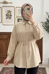 Kadın Bej Çilek Kumaş Trend Tesettür Tunik Düğmeli 78 CM Oversize Dökümlü Rahat Gömlek Tunik