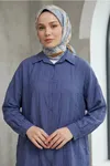 Kadın İndigo Çilek Kumaş Trend Tesettür Tunik Düğmeli 78 CM Oversize Dökümlü Rahat Gömlek Tunik