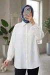 Kadın Ekru Çilek Kumaş Trend Tesettür Tunik Düğmeli 78 CM Oversize Dökümlü Rahat Gömlek Tunik