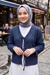 Kadın Lacivert Pileli Ön İki Bağlamalı Tesettür Giyim Trend Şık Tesettür Tunik Hırka