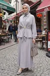 Kadın Gri Gömlek Yaka Gizli Fermuarlı Cupro Kumaş Tunik Etek Takım Trend Tesettür Giyim Tesettür Takım