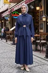 Kadın Lacivert Gömlek Yaka Gizli Fermuarlı Cupro Kumaş Tunik Etek Takım Trend Tesettür Giyim Tesettür Takım