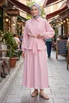 Kadın Pembe Gömlek Yaka Gizli Fermuarlı Cupro Kumaş Tunik Etek Takım Trend Tesettür Giyim Tesettür Takım