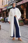 Kadın Dubai Kumaş Uzun Bağlamalı Tesettür Beyaz Hırka Rahat Kalıp Mevsimlik