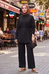 Kadın Bağcıklı Müslin Kumaş Yazlık Tesettür Siyah Pantolonlu Tunik Takım