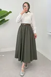 Kadın Kemerli Soft Büzgülü Bel Lastikli Haki Tesettür Uzun Etek