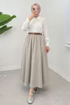 Kadın Kemerli Soft Büzgülü Bel Lastikli Bej Tesettür Uzun Etek