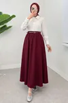 Kadın Kemerli Soft Büzgülü Bel Lastikli Bordo Tesettür Uzun Etek