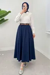 Kadın Kemerli Soft Büzgülü Bel Lastikli Laacivert Tesettür Uzun Etek