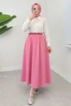 Kadın Kemerli Soft Büzgülü Bel Lastikli Pembe Tesettür Uzun Etek