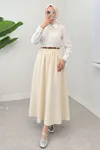 Kadın Kemerli Soft Büzgülü Bel Lastikli Sarı Tesettür Uzun Etek