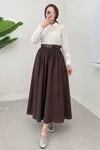 Kadın Astarlı Vual Kumaş Kemerli Cepli Rahat Kalıp Kahve Tesettür Uzun Etek