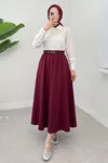 Kadın Beli Lastikli Kemerli Soft Bordo Uzun Tesettür Etek