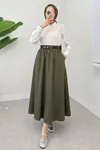Kadın Beli Lastikli Kemerli Haki Uzun Tesettür Etek