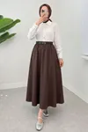 Kadın Beli Lastikli Kemerli Kahve Uzun Tesettür Etek