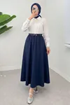 Kadın Beli Lastikli Kemerli Lacivert Uzun Tesettür Etek