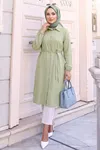 Kadın Tesettür Yağ Yeşil Tensel Kumaş Gömlek Tunik Beli Kuşaklı Boydan Düğmeli Trend Tesettür Uzun Tunik