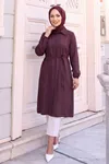 Kadın Tesettür Bordo Tensel Kumaş Gömlek Tunik Beli Kuşaklı Boydan Düğmeli Trend Tesettür Uzun Tunik