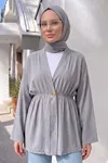 Kadın Düğme Detaylı Beli Lastikli Çilek Kumaş Yazlık İnce Açık Gri Tesettür Hırka Kap 
