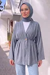 Kadın Düğme Detaylı Beli Lastikli Çilek Kumaş Yazlık İnce Gri Tesettür Hırka Kap 