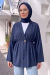 Kadın Düğme Detaylı Beli Lastikli Çilek Kumaş Yazlık İnce Lacivert Tesettür Hırka Kap 