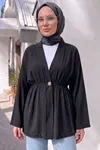 Kadın Düğme Detaylı Beli Lastikli Çilek Kumaş Yazlık İnce Siyah Tesettür Hırka Kap 