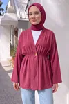 Kadın Düğme Detaylı Beli Lastikli Çilek Kumaş Yazlık İnce Bordo Tesettür Hırka Kap 