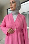 Kadın Düğme Detaylı Beli Lastikli Çilek Kumaş Yazlık İnce Fuşya Tesettür Hırka Kap 