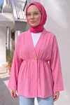 Kadın Düğme Detaylı Beli Lastikli Çilek Kumaş Yazlık İnce Fuşya Tesettür Hırka Kap 