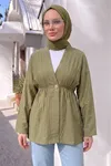 Kadın Düğme Detaylı Beli Lastikli Çilek Kumaş Yazlık İnce Haki Tesettür Hırka Kap 