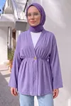 Kadın Düğme Detaylı Beli Lastikli Çilek Kumaş Yazlık İnce Lila Tesettür Hırka Kap 