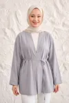 Önü Bağlamalı Kimono Tesettür Tunik Açık Gri Oversize Yeni Sezon Rahat Kalıp Önü Baglamalı Tesettür Tunik