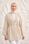 Önü Bağlamalı Kimono Tesettür Tunik Bej Oversize Yeni Sezon Rahat Kalıp Önü Baglamalı Tesettür Tunik