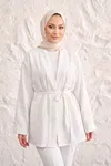 Önü Bağlamalı Kimono Tesettür Tunik Ekru Oversize Yeni Sezon Rahat Kalıp Önü Baglamalı Tesettür Tunik
