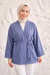 Önü Bağlamalı Kimono Tesettür Tunik İndigo Oversize Yeni Sezon Rahat Kalıp Önü Baglamalı Tesettür Tunik