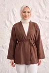 Önü Bağlamalı Kimono Tesettür Tunik Kahve Oversize Yeni Sezon Rahat Kalıp Önü Baglamalı Tesettür Tunik