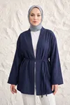 Önü Bağlamalı Kimono Tesettür Tunik Lacivert Oversize Yeni Sezon Rahat Kalıp Önü Baglamalı Tesettür Tunik