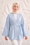 Önü Bağlamalı Kimono Tesettür Tunik Mavi Oversize Yeni Sezon Rahat Kalıp Önü Baglamalı Tesettür Tunik