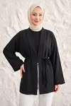 Önü Bağlamalı Kimono Tesettür Tunik Siyah Oversize Yeni Sezon Rahat Kalıp Önü Baglamalı Tesettür Tunik