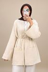Kadın Tesettür Ekru Müslin Kumaş Cepli Bağlamalı Kimono Hırka