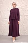 Kadın Tesettür Bordo Pike Kumaş Peplum Fırfırlı Bluz Etek Takım