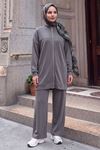 Kadın Tesettür Modal Pike Kumaş Salaş Takım Fermuarlı Sweat Pantolon Gri Tesettür Takım
