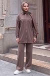 Kadın Tesettür Modal Pike Kumaş Salaş Takım Fermuarlı Sweat Pantolon Açık Kahve Tesettür Takım 