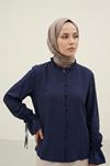 Kadın Kolu Tünelli Yaka Fırfırlı Kısa Trend Şık Lacivert Tesettür Bluz Gömlek