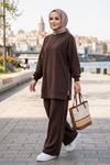 Kadın Kahve Yanı Fermuarlı Modal Kumaş Rahat Kesim  Sweatshirt Pantolon Tesettür Takım
