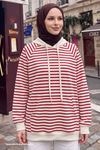 Kadın Modal Kumaş Çizgili  Kanguru Cepli Kapüşonlu Tesettür Sweat Tunik Kırmızı