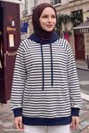 Kadın Modal Kumaş Çizgili  Kanguru Cepli Kapüşonlu Tesettür Sweat Tunik Lacivert